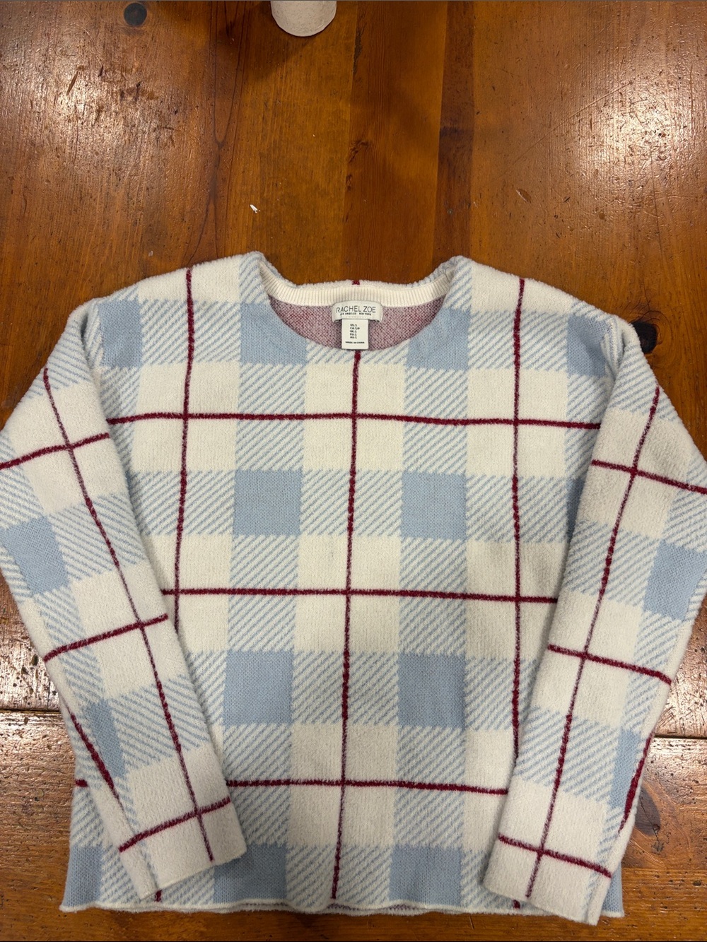 Rachel Zoe Cream & Light Blue Plaid Crewneck Sweater with Burgundy Grid